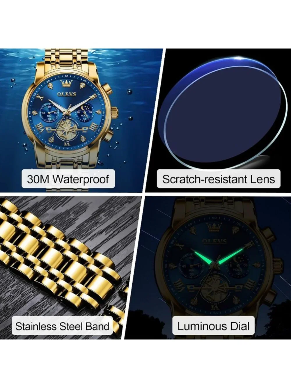 Men's Blue / Gold Stainless Steel Chronograph Waterproof Quartz Dress Watch